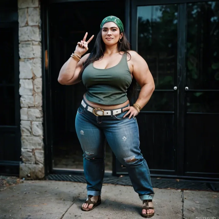 Black long hair, blue baggy Jeans, green bandana, dark grey tank top, brown sandals, peace necles, arm rings, big white belt with golden spots,  chunky, hairy