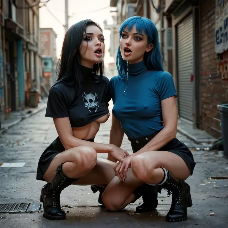 2girl, , , , cock on cheek,thin ankle,one nipple out,slim waist,blue turtleneck, plain t-shirt,knee socks,saliva strings,thongs,gothic boots, bedroom eyes, alleyway, cyberpunk, respectable, detailed skins, bright colors, linked collars, spider-gwen, rapunzel waifu