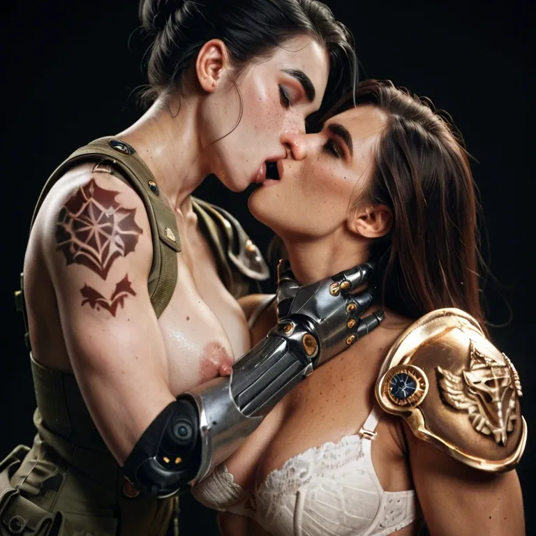 2girl, , , , freckles,hand in mouth,big areolas,void background,shoulder tattoo, thick eyebrows,mechanical arm,areolas,breastfeeding,shoulder pads, army uniform,sexy stockings,gold jewelry,loose bra,high heels, glass shower, caulfield, medieval tavern, sit on a couch, linked collars, wonder woman