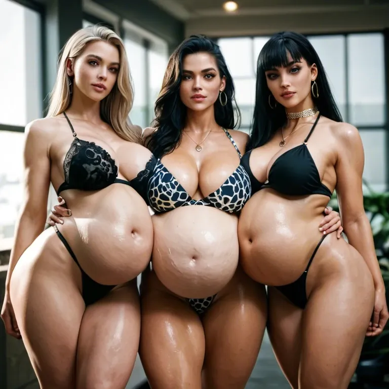 3  teen girls, big breasts, thicc thighs, bloated bellies