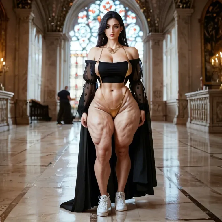 1girl,1boy, , , , large eyes,cellulite arms,round tits,narrow waist,off-shoulder, gown,golden necklace,suspenders,mini bikini,white sneakers, black shirt,palace bedroom,arms tied,corset,shoes, bare tits, public park, cyberpunk, robot body, vibrator, detailed, studio lighting, lara croft, waifu