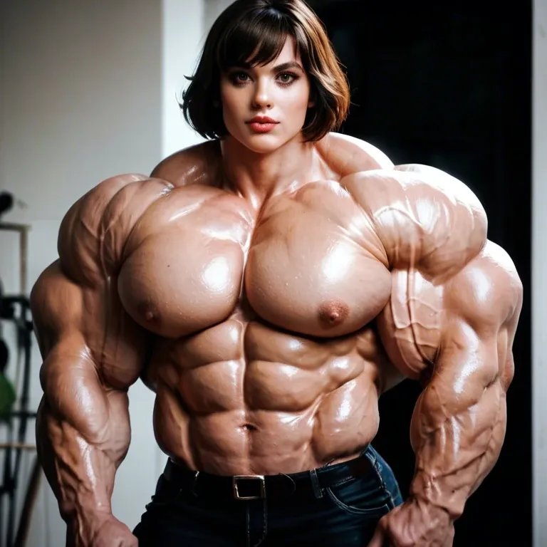 April O'Neil, hyper muscles, big muscles, massive muscles, huge muscles, massive biceps, huge traps, huge lats, huge muscles, massive pectorals, huge muscle neck, black hair, pixie, bangs, dark brown skin, tan skin, brown eyes, choker, narrow waist, wide hips, peaked biceps, naked, sweaty, orgasm, squirting from vagina, mouth open, flexing, hyper muscles, hyper muscles, huge pecs, huge muscles, massive muscles, massive biceps, huge muscles, massive muscles, lingerie