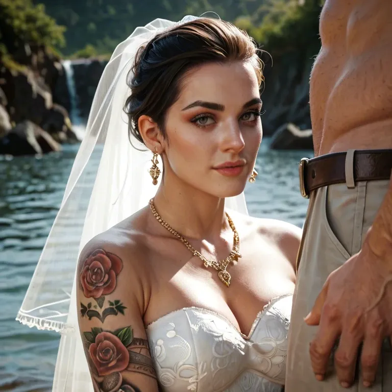 1girl,1boy, , , , large nose,legged,round boobs,wide hip,golden necklace, perfect nose,tattooed arms,round tits,background sea,slim ankles, wedding dress,golden necklace,capelet,highleg panties,stiletto heels, in a kitchen, park, medieval dress, vibrator, lara croft, ariel waifu, rapunzel waifu