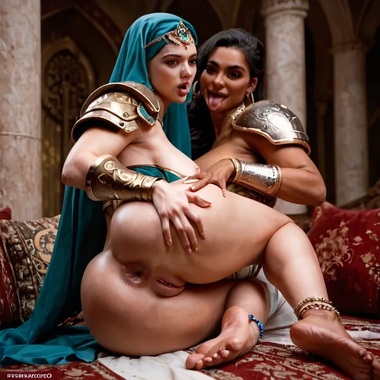 2girl, , , , tongue,hands own ass,round big tits,big hips,elbows, high cheekbones,armour,perky tits,arabian harem,anklets, nose piercings,finger in anus,perfect nipples,huge hips,man standing, robe,striped bikini,hoop earrings,bikini,heels, trained, robot, a realistic, bright-lit room, princess peach, wonder woman