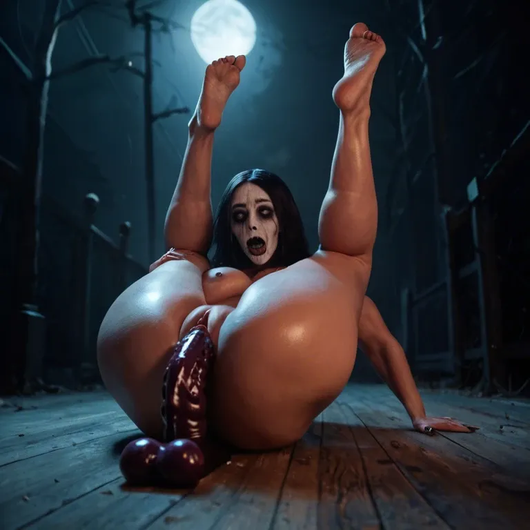 Ghost girl,big boobs, perfect body,horror,thick thigs,naked feets,big hips,horny, scary,legs up, masturbating,riding dildo,dark background,orgasm,foot fetish,cum on feets