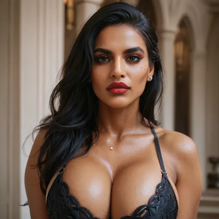 Indian woman, 30 years old, long straight black hair, fit body, big round breasts, very beautiful face, black eyes, long eyelashes, sharp nose, thick red lips, black beauty mole on face, wearing a bra, close-up face portrait for passport,  looking straight at the camera, photo studio setting, studio lighting, realistic, highly detailed, best quality, epic realism, 8k resolution