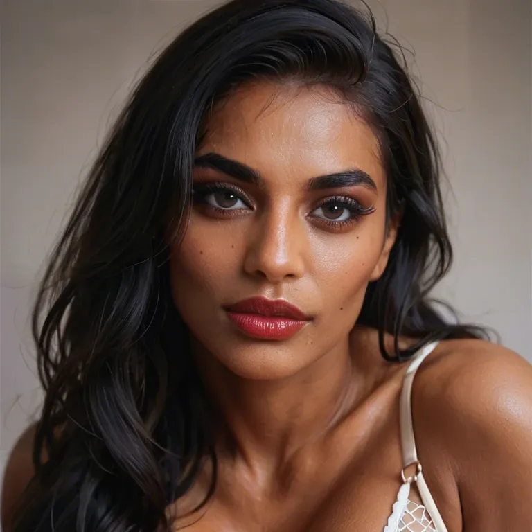 Indian woman, 30 years old, long straight black hair, fit body, big round breasts, very beautiful face, black eyes, long eyelashes, sharp nose, thick red lips, black beauty mole on face, wearing a bra, close-up face portrait for passport,  looking straight at the camera, photo studio setting, studio lighting, realistic, highly detailed, best quality, epic realism, 8k resolution