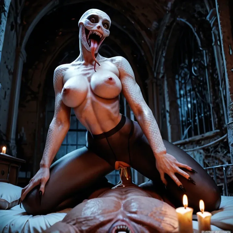 Horror, Night, abandoned castle bed, candle, fat, mouthfull, cowgirl, giantess, sharp teeth, Sharp nails, snake tongue, closeup, standing, creampie, cut penis, huge tits out, black pantyhose, lace panties, heels, angry,