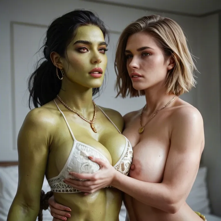 2girl, , , , double chin,arms,deep cleavage,back arched,green skin, jaw,steamy feet,medium boobs,belly grab,gold necklace, dimples,hands tied,big tits,show breast,natural skin, shirt pull,gold anklets,garrison cap,white swimsuit,gothic boots, in a kitchen, restrained, spaceship, sailor collar, mario and luigi, spider-gwen