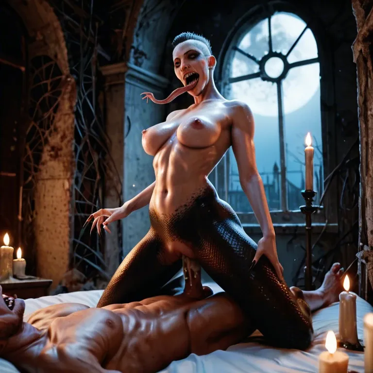 Horror, Night, abandoned castle bed, candle, fat, mouthfull, cowgirl, mermaid, sharp teeth, Sharp nails, snake tongue, closeup, standing, creampie, cut penis, huge tits out, black pantyhose, lace panties, heels, angry,