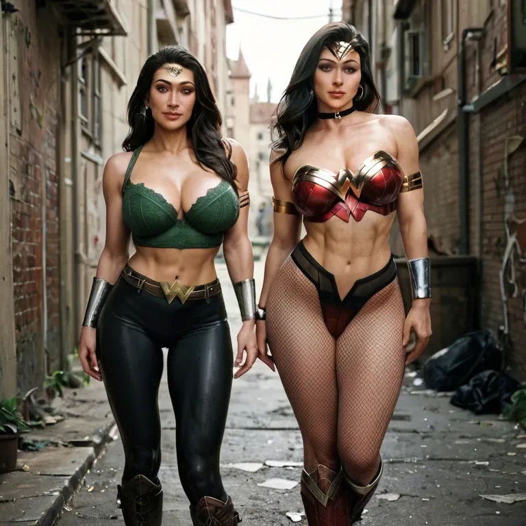 2girl, , , , iris,arm ring,large breast,bare navel,kneepits, green shirt,black pantyhose,suspender belt,mesh bodysuit,knee boots, bedroom, alley, castle, wonder woman, dynamic pose