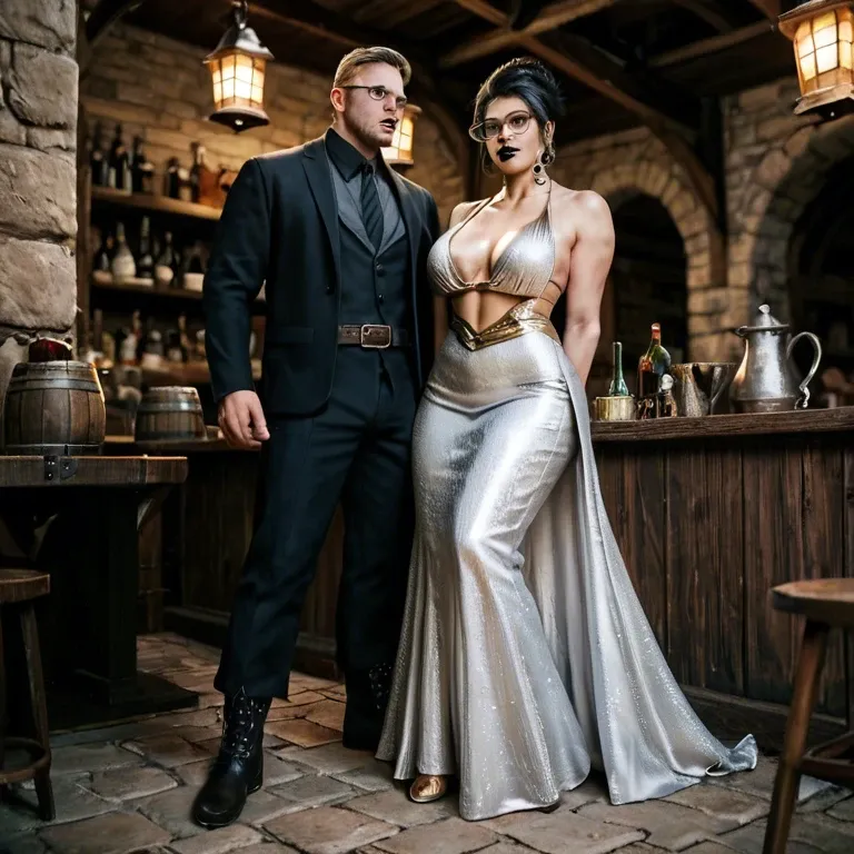 1girl,1boy, , , , double chin,arms behind back,medium boobs,huge hips,pale white skin, silk gown,gold anklets,glasses,bikini,gothic boots, dark alleyway, medieval tavern, high detailed, dark eyeshadow, elsa, ariel waifu