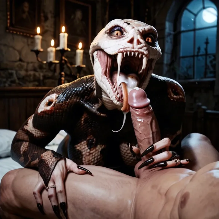 Horror, Night, abandoned castle bed, candle, fat, the ring, mouthfull, blowjob, sharp teeth, Sharp nails, snake tongue, closeup, standing, creampie, cut penis, huge tits out, black pantyhose, lace panties, heels, angry,