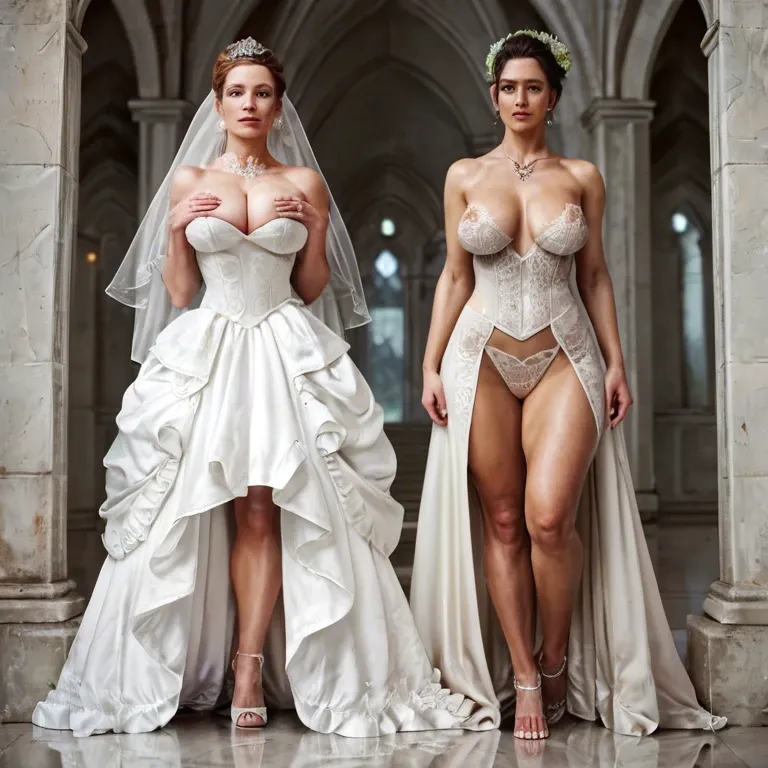 2girl, , , , hazel eyes,toe,perky breast,large hips,free shoulders, arching back,toes,saggy boobs,arms on breasts,distant, wedding dress,white lace,capelet,green swimsuit,shoes, open jacket,laced,big earrings,microbikini,heels, bedroom, tavern, detailed image, dark-skinned, princess peach, rapunzel waifu