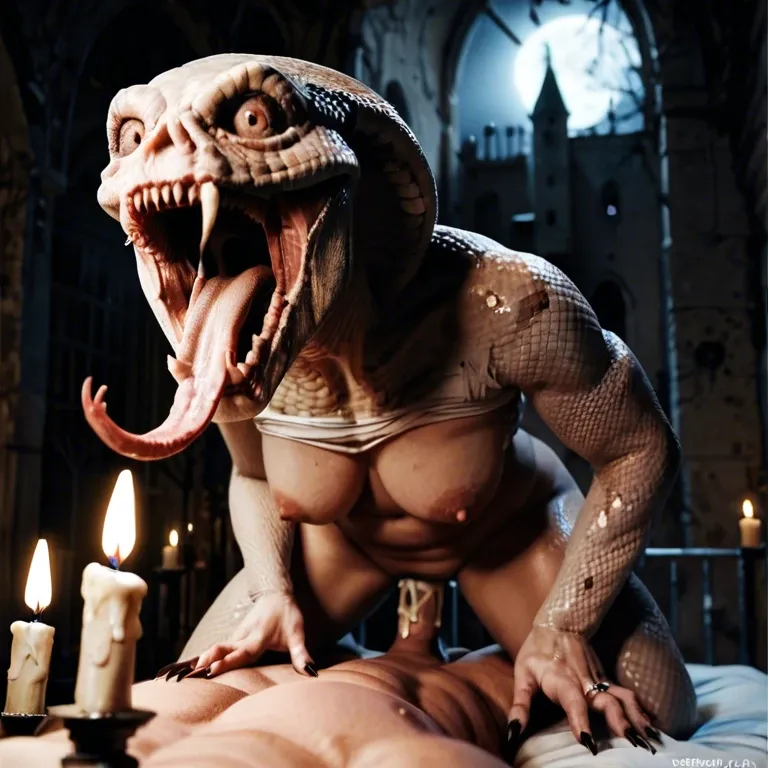 Horror, Night, abandoned castle bed, candle, fat, the ring, mouthfull, cowgirl, lomg hair, sharp teeth, Sharp nails, snake tongue, closeup, standing, creampie, cut penis, huge tits out, black pantyhose, lace panties, heels, angry,