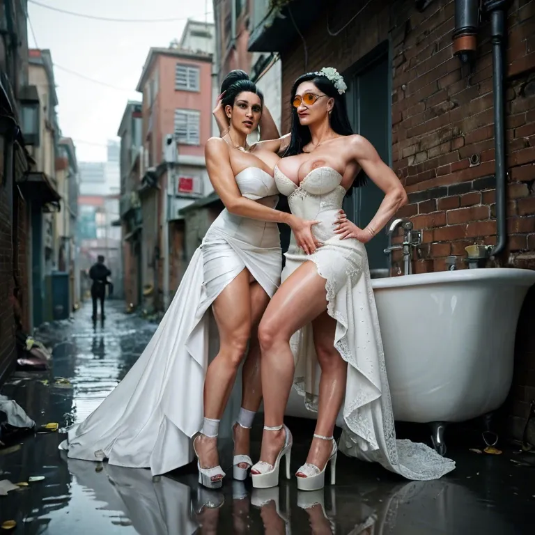 2girl, , , , large boob slip,arm over head,big areolae,breasts grab,golden necklace, wedding dress,socks,opaque glasses,black lace bra,platform heels, bathtub, alley, cyberpunk, johanna, rapunzel waifu