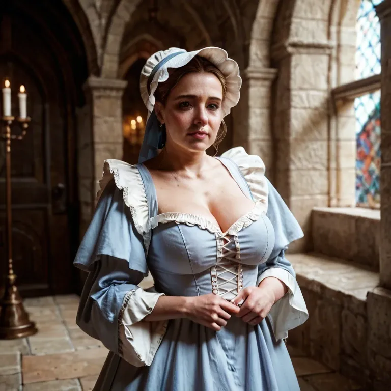 high quality, detailed skin, castle, medieval scottish nursemaid, plump, mature, rotund, pudgy, cute, shy, flustered, layered burlap dress robe bonnet, frilly neck shoulder shawl, beige and white clothes, boob window, one huge heavy milk filled breast out of clothes, inverted dark nipples