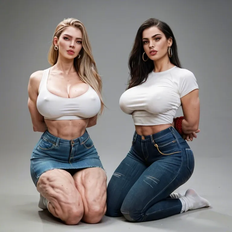 2girl, , , , thick lips,bound hands,big breasts,slender waist,knees apart, mole,cellulite arms,perky tits,grey background,on knees, tight jeans,socks,big earrings,mini skirt bra,heels, on the street, medieval dress, bedroom, sailor moon