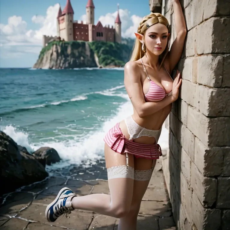 1girl,solo, , , , cute nose,hands on wall,round tits,thin waists,bare shoulders, micro skirt,striped bikini,garter belt,wet bra,running shoes, ocean, castle, princess zelda, spider-gwen, waifu