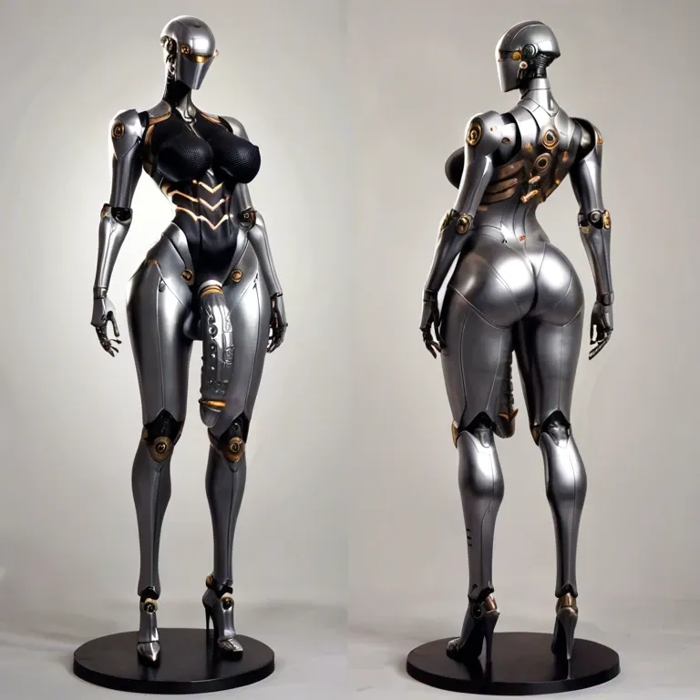 1robot, Very tall robot futanari, machine goddess, metal skin, metal penis, huge boobs, artificial face, strong stand, long legs, full view, multiple views