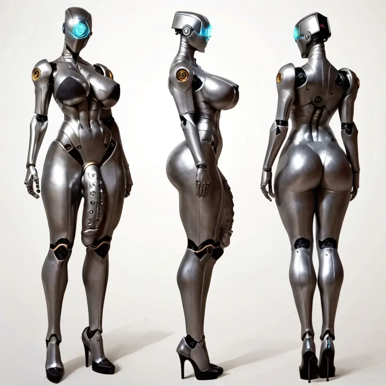 1robot, Very tall robot futanari, machine goddess, metal skin, erected metal penis, huge boobs, artificial face, strong stand, long legs, full view, multiple views. 1 human, guy gets penetrated by futa.