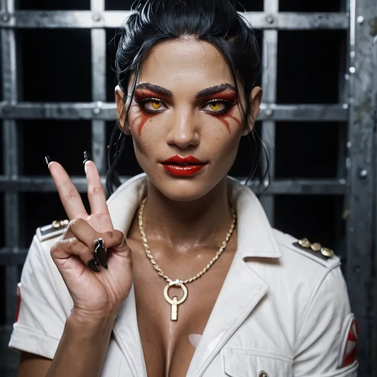 a close up of a person making a peace sign, itachi uchiha, in style of apex legends, black-crimson color scheme, visual novel key visual, jail, fantastic details full faces, ( brown skin ), vampire of clan lasombra, hiroya oku, gorgon, daddy