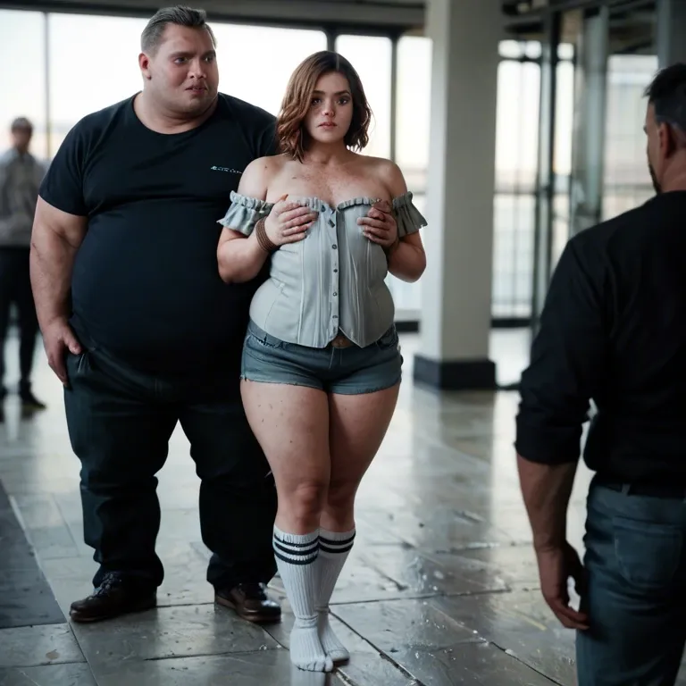 1girl,1boy, , , , freckle,bound ankles,flat chest,grabbing breast,gray skin, dark blue eyes,fat obese arms,medium boobs,background,off shoulders, dressed,knee socks,tied,undersized bra,gothic boots, shirt lift,white socks,tied,no bra,gothic boots, in a gym, parking, dungeon, robot girl, grabbing dildo, lara croft, spider-gwen, rei ayanami