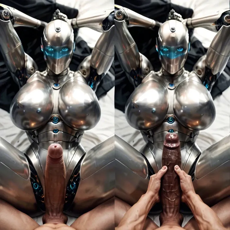 Analsex, 1guy, 1robot, Very tall robot futanari, machine goddess, metal skin, erected metal penis, huge boobs, artificial face, strong stand, long legs, full view, multiple views. Missionary, futa on male, cum handsfree, taker pov, 1 human, guy gets penetrated by futa.