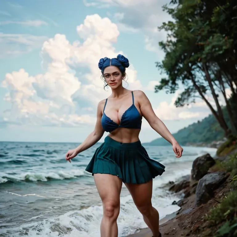 Sexy Cosplay Russian Woman, Walking in sea, Wavy Sea, Forest Background, Blue Bun Hairs, Big Massive Breats,  Thick Legs, Sunshine, Contrast, Perfect Angle, Harry Potter Series, UHD, 8k.