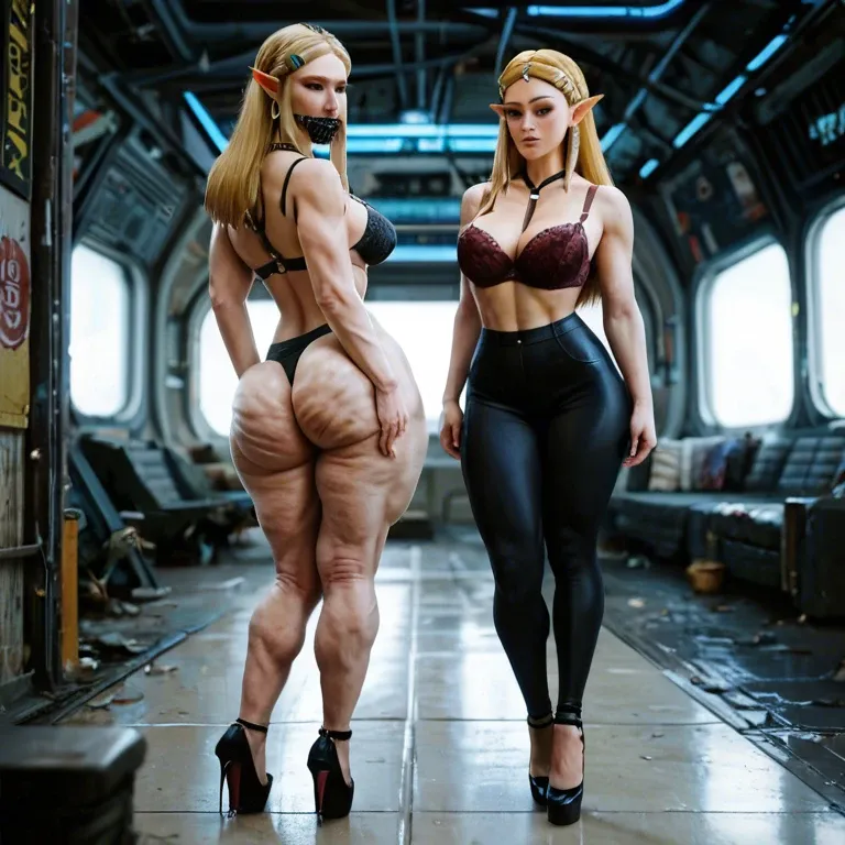 2girl, , , , slip,cellulite arms,round boobs,microwaist,fat knees, black leggings,laces,sunglasses,pulled bra,heels, bare ass, dark alleyway, spaceship, harness gag, princess zelda, anna and elsa