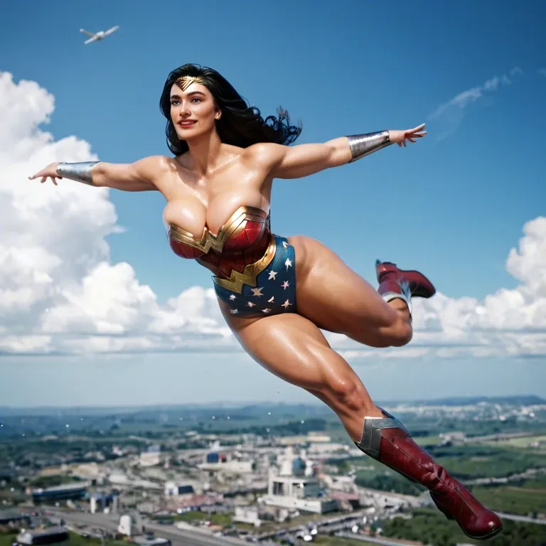 Whore Wonder Woman, Flying on Washington, Washington Background, Breast Cleavage, Wonder Woman Boots, Sunshine, on air, massive thick legs,big sexy breasts, Gta 6.