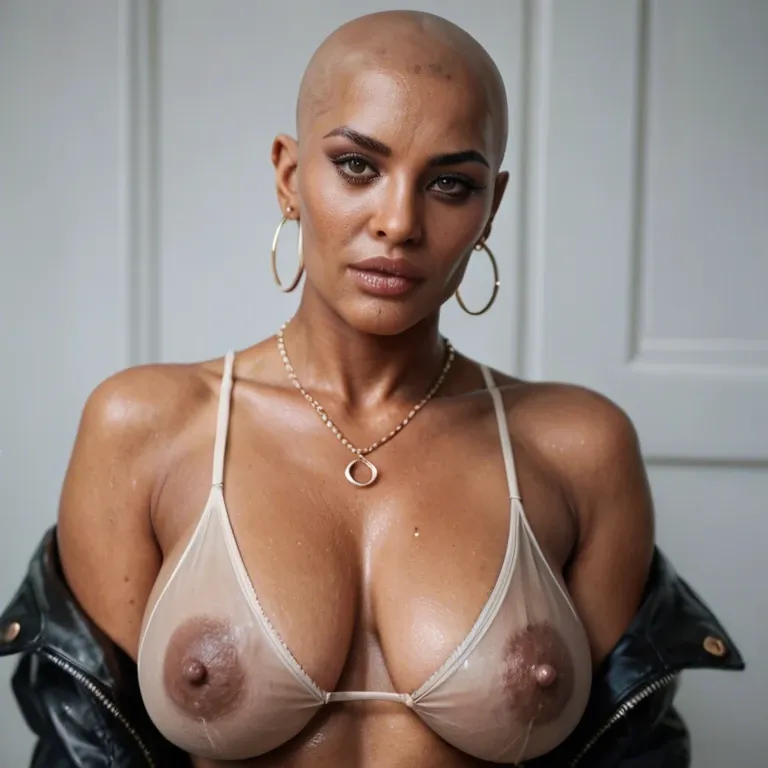 Black bald woman saggy tits big areola fantasizing about circumcision