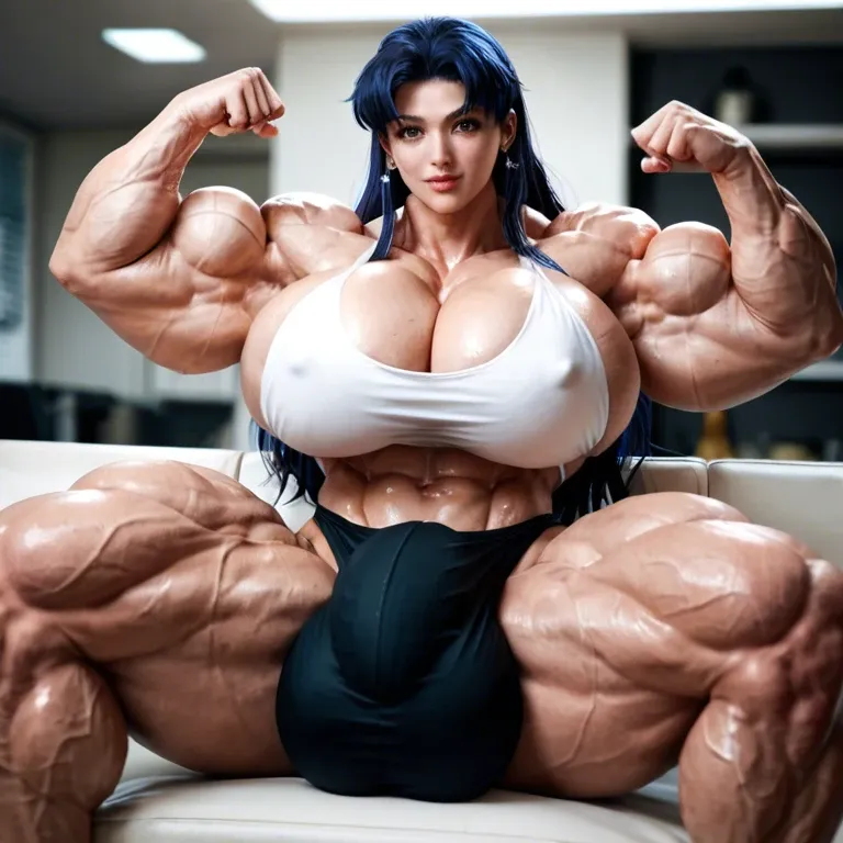 Misato Kurasagi, female massive muscles, massive muscle, huge muscle body, hyper massive muscles trapèze, hyper massive muscles épaule, hyper massive muscles biceps, huge boobs, futa biggest cock bulge, leopard lingerie