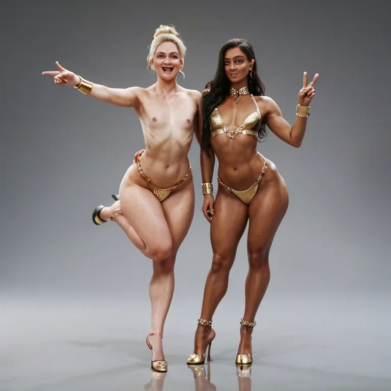 2girl, , , , freckled breast,hooves feet,flat chest,reaching back,gold anklets, cheek,v fingers,perky tits,narrow hips,wrist cuffs, dimples,on tiptoe,nipple rings,licking breast,tight tank top, dress,pink stockings,feet tied,panties aside,armored boots, black dress,leg warmers,sunglasses,mesh bodysuit,heels, tank top,baggy socks,sunglasses,panties aside,stiletto heels, public park, throne room, detailed hand, dark makeup, reinhardt