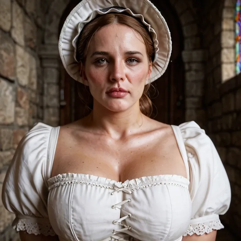 Solo, human,  castle, medieval poor peasant maid, plump, mature, rotund, pudgy, cute, shy, fear, panic, rag blindfold, simple white dress, brown burlap robe, white bonnet, saggy tits, huge dark brown nipples, lying on back, plump pussy, pussy juice