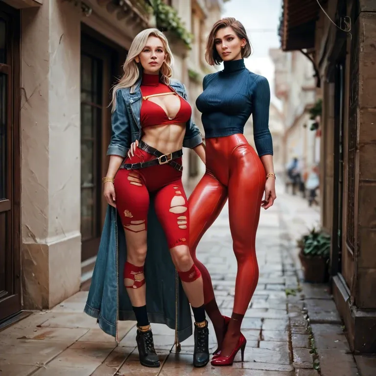 2girl, , , , nose ring,slender hands,firm breasts,no boobs,turtleneck, red tight pants,lace,belts,swimsuit,shoes, blue jacket,knee-high socks,gold bracelets,open torn bra,platform heels, dressed,tights,maid hat,pull wet bra,sandals, bara, restrained, spaceship, robot joints, detailed face, studio lighting, 2b, spider-gwen