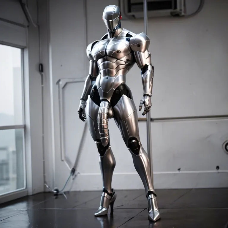 1robot, Very tall robot futanari, machine goddess, metal skin, erected metal penis, huge boobs, artificial face, strong stand, long legs, full view, multiple views. 1 human male gay, guy gets penetrated by futa.