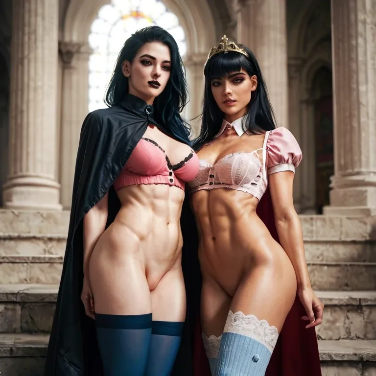 2girl, , , , cheek,muscle legs,areolas,backward,skin detail, pink crop top,white socks,cape,no panties,gothic boots, collared shirt,blue stockings,golden tiara,crotchless,platform heels, pink t-shirt,striped,panties down,swimsuit,armored boots, park, cyberpunk, obedient, ball gag, detailed hand, nightclub, spider-gwen, dynamic angle