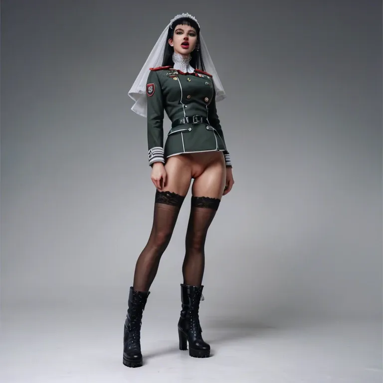 1girl,solo, , , , open lips,thin ankle,big boobs,void background,hold neck, army uniform,black stockings,white veil,no panties,gothic boots, underpants,leg warmers,belts,laced bodysuit,sneakers, bunny costume,anklets,racing gloves,green bodysuit,thigh boots, bedroom eyes, park, medieval theme, big ring gag, western cartoon, very dark skin, tifa, spider-gwen, hinata hyuuga