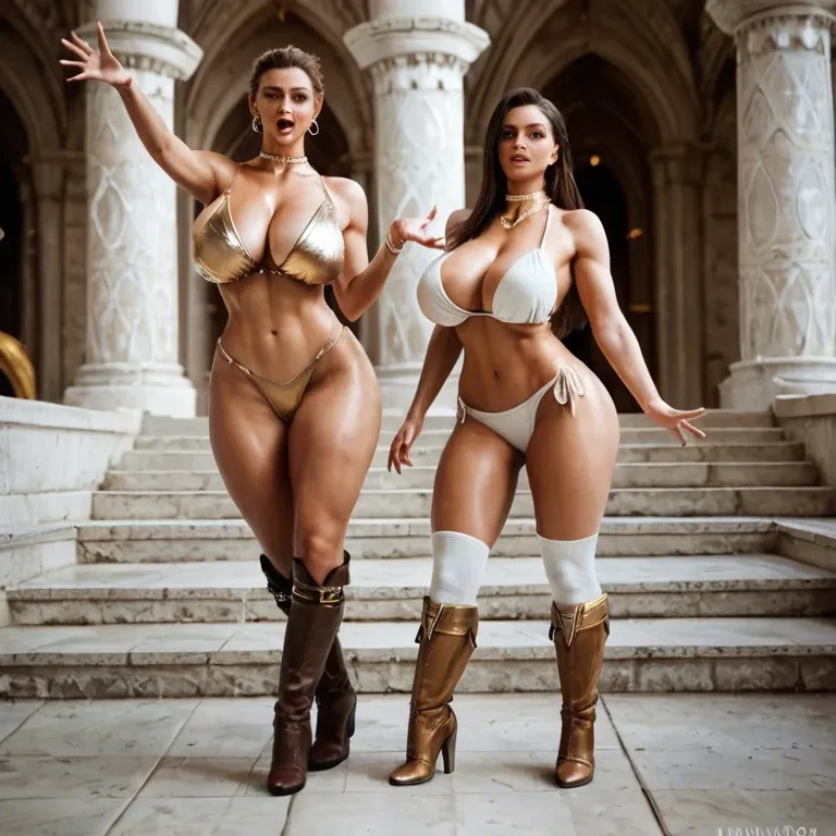 2girl, , , , reaching out,amazing thighs,huge breasts,waist,gold necklace, half dressed,ice palace,gold jewelry,panties visible,brown boots, pants,white socks,choker,bikini top lift,knee boots, wedding dress,striped skirt,collared shirt,mesh bodysuit,knee boots, office dress, brazil jungle, castle, mario, spider-gwen, dynamic