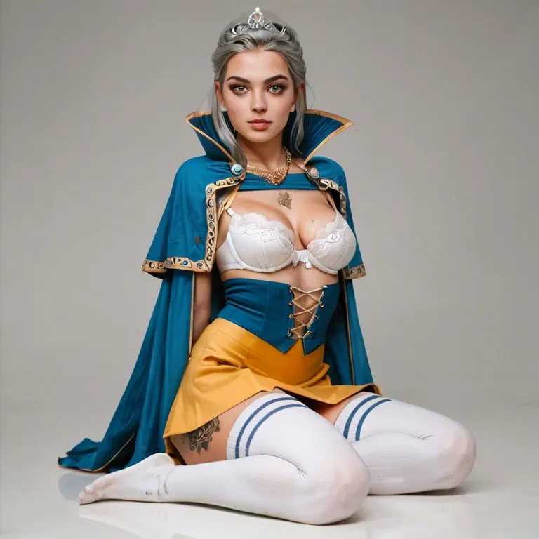 1girl,solo, , , , yellow eyes,4 fingers,perky tits,breast tattoos,golden necklace, lift skirt,white socks,silver tiara,pulled bra,no shoes, blue jacket,thighhighs,capelet,panties,brown boots, bedroom, city, medieval prison, respectable, on a fur bed, hyper-realistic, dark room, spider-gwen