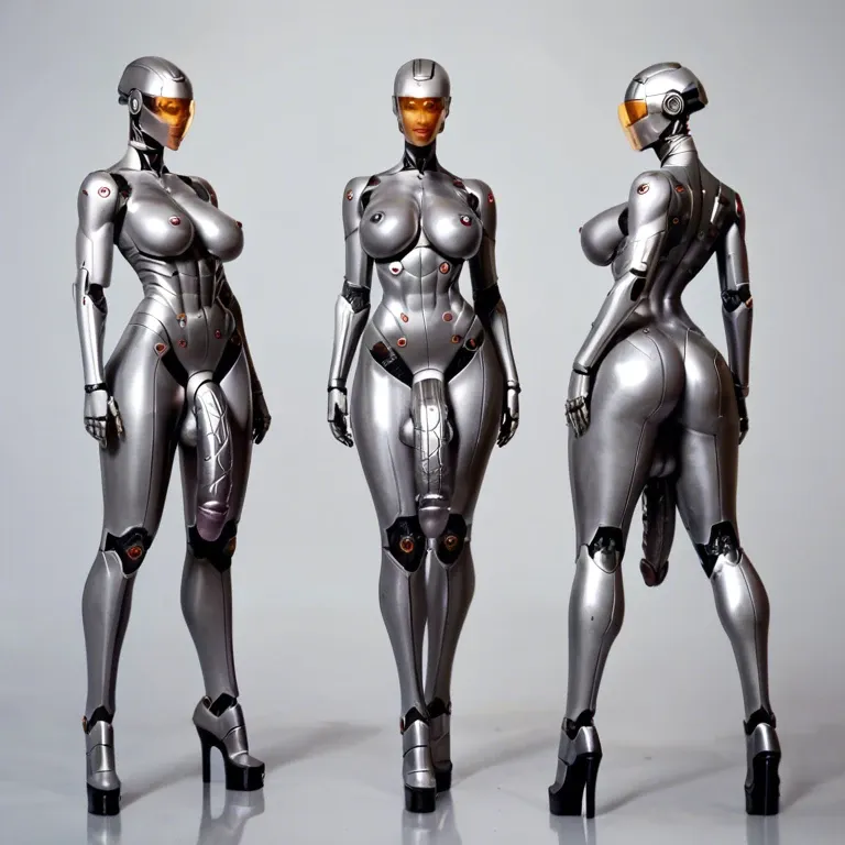 1robot, Very tall robot futanari, machine goddess, metal skin, erected metal penis, huge boobs, artificial face, strong stand, long legs, full view, multiple views. 1 human male sucks robotcock