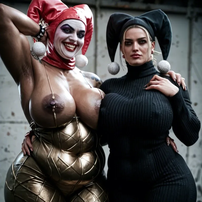 2girl, , , , bushy eyebrow,arm raised,swollen nipple,slim hips,shoulder tattoo, sharp jawline,fat obese arms,slippery nipple,muscular back,fat neck, sweater,laced bodysuit,jester cap,floral bikini,thigh boots, army uniform,gold anklets,bridal veil,lace bra,ballet shoes, torn dress,sexy stockings,pearl necklace,maroon bodysuit,shoes, in hotel room, spaceship, realistic photo, well-lit, lara croft, elsa, dynamic view