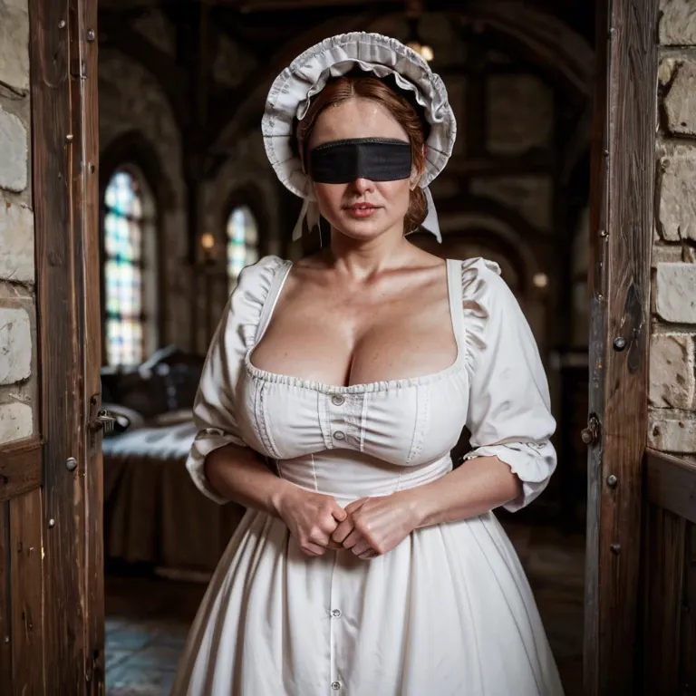 medieval poor peasant maid, plump, mature, rotund, pudgy, cute, shy, fear, panic, rag blindfold, simple white dress, brown burlap robe, white bonnet, saggy tits, huge dark brown nipples, lying on back