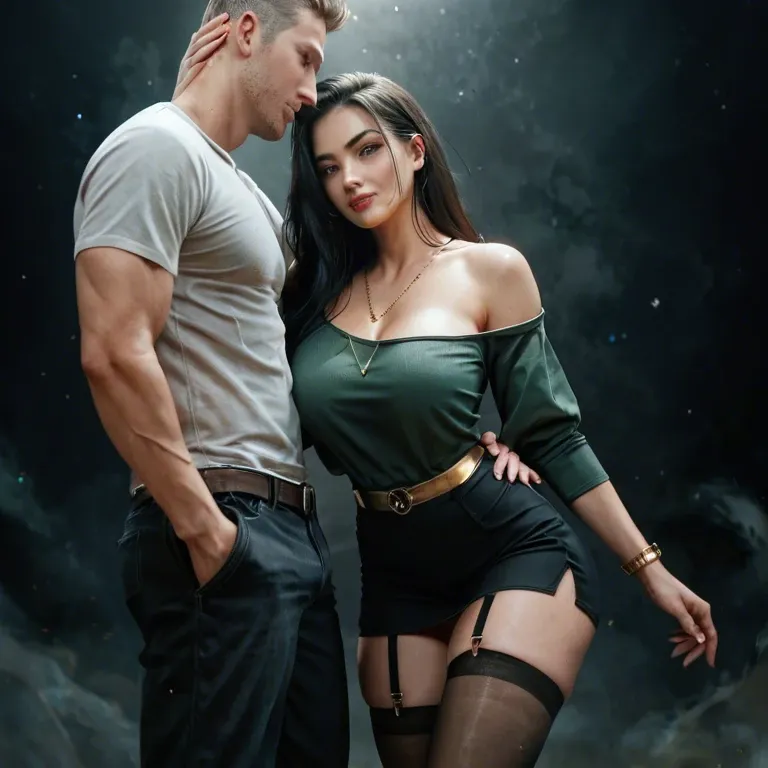 1girl,1boy, , , , touching body,forearm,medium tits,void background,gold anklets, rosy cheeks,thigh highs,big breast,very slim waist,off shoulder, green shirt,gold anklets,aqua necktie,lace thong,heels, glass shower, depth of field, android, lara croft, wonder woman, mari makinami