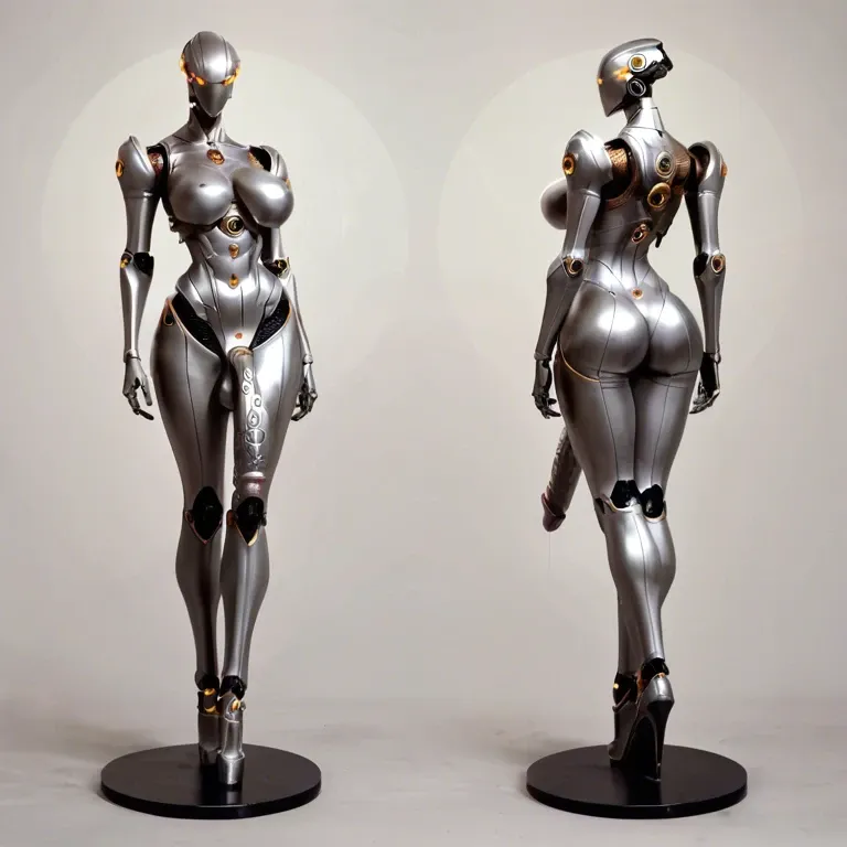 1robot, Very tall robot futanari, machine goddess, metal skin, erected metal penis, huge boobs, artificial face, strong stand, long legs, full view, multiple views