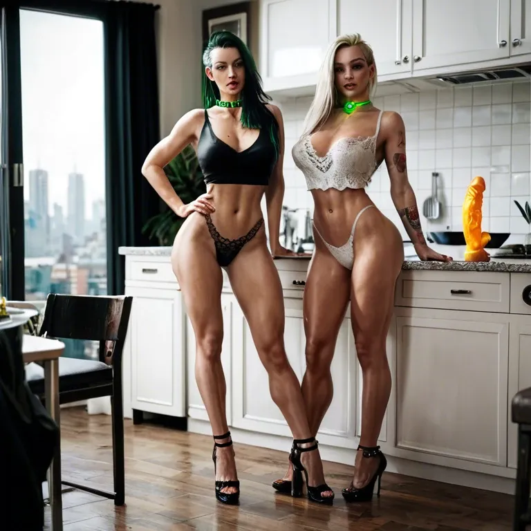 2girl, , , , mole on breast,arms tattooed,hard nipple,very slim waist,elbow, shirt open,laces,green collar,lace thong,high heels, kitchen, city background, cyberpunk, glowing dildo, detailed skin, bright light, mario, anna and elsa, dynamic view