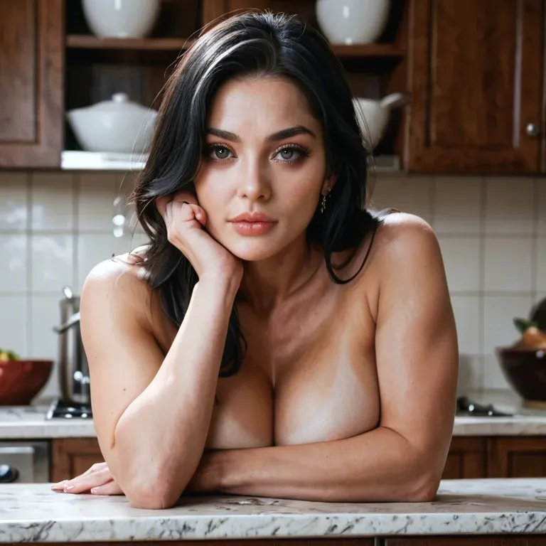 20 year old, big eyes, dark hair, light skin, volumptous, kitchen, nude