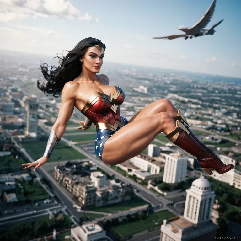 Whore Wonder Woman, Flying on Washington, Washington Background, Breast Cleavage, Wonder Woman Boots, Sunshine, on air, massive thick legs,big sexy breasts, Gta 6.