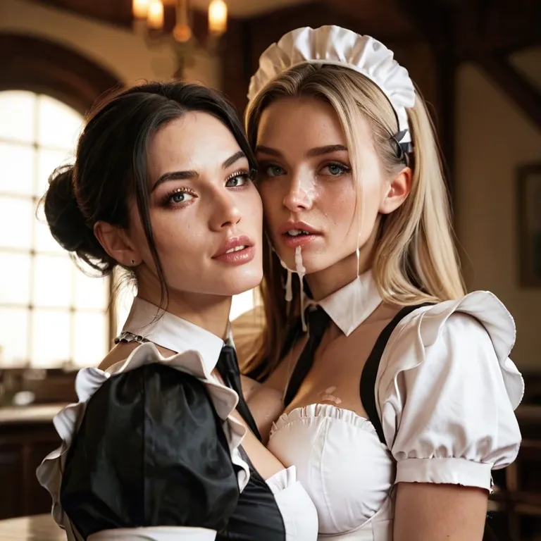 2girls, maid outfit, cum on boobs